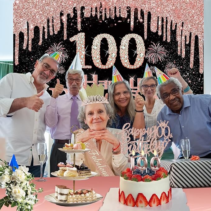 100th Birthday Decorations for Women with Banner Rose Gold