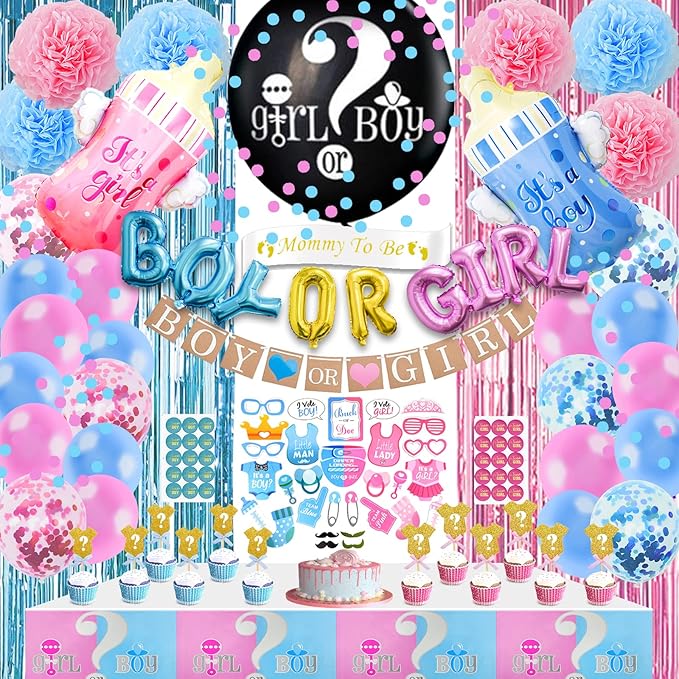 124 Pcs Gender Reveal Decorations Kit Party Supplies With 36''