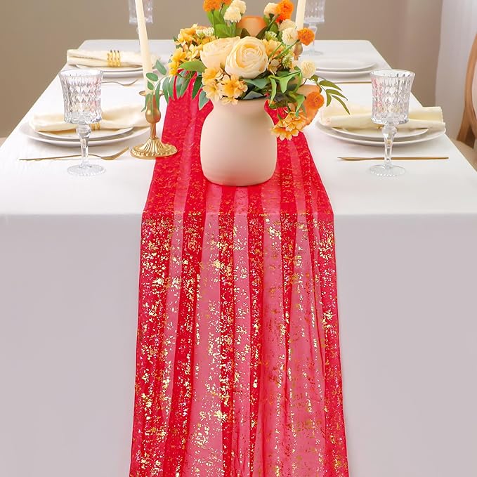 Snowkingdom Red Gold Table Runner Gauze 10FT Sparkly Sequin Glitter