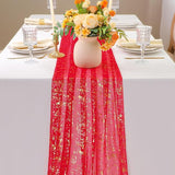 Snowkingdom Red Gold Table Runner Gauze 10FT Sparkly Sequin Glitter