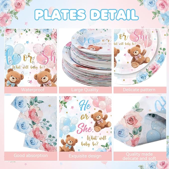 250 Pcs Bear Gender Reveal Paper Plates and Napkins Party Supplies