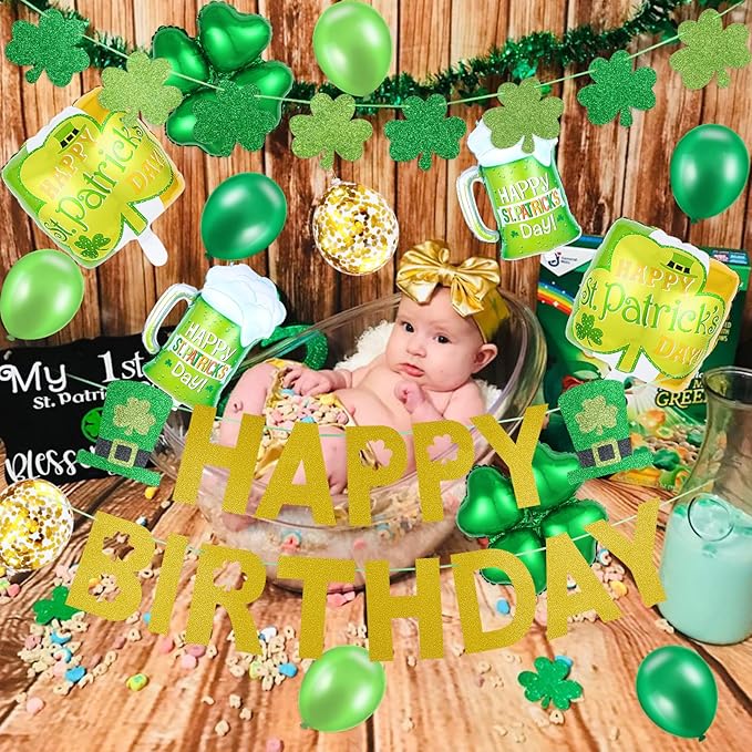 Gold Happy Birthday St Patricks Day Banner and Shamrock Garland