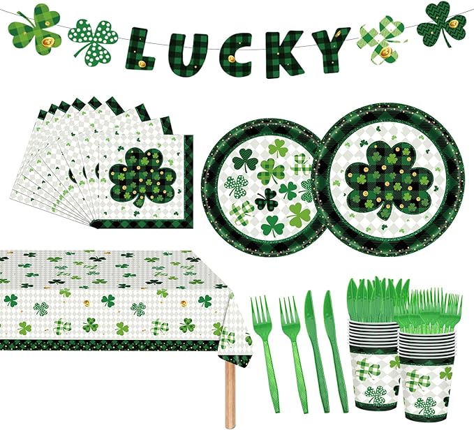 98PCS St Patrick's Day Party Supplies Green Irish Shamrock Tableware