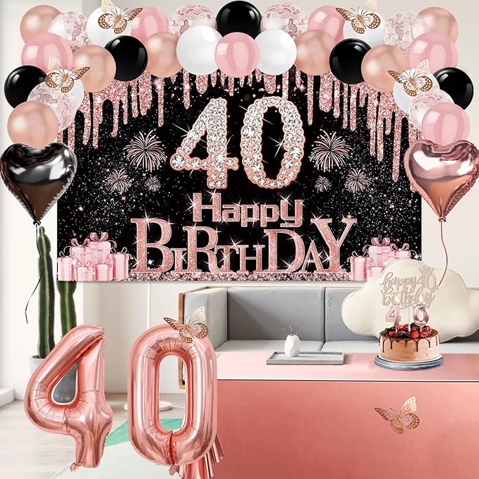 40th Birthday Decorations Women 49pcs Black Rose Gold Black Happy