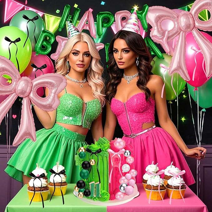 Pink and Green Happy Birthday Balloons, 31”Huge Pink Bow Aluminum