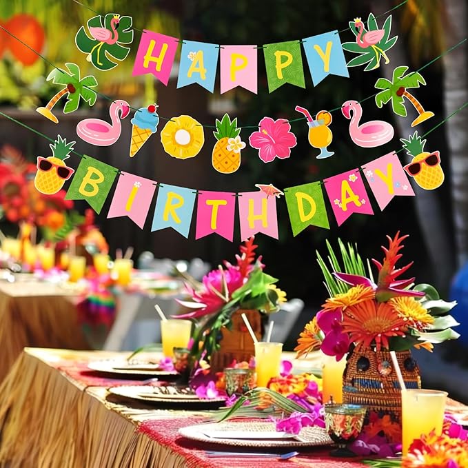 Hawaiian Happy Birthday Banner Tropical Luau Party Birthday Flamingo