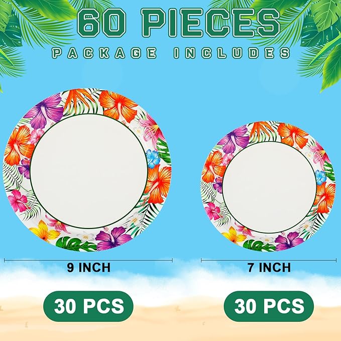 60 Pcs Summer Party Paper Plates Disposable Round Paper Dessert