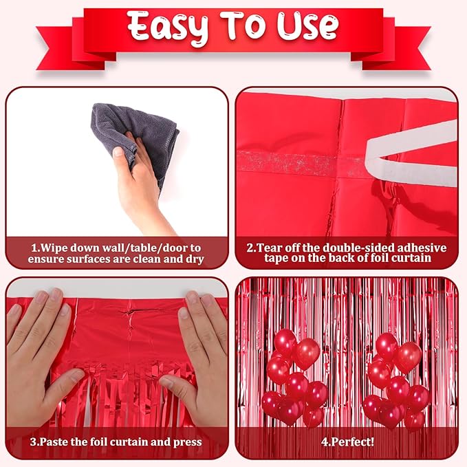 Voircoloria 2 Pack Red Foil Fringe Backdrop Curtains, Tinsel