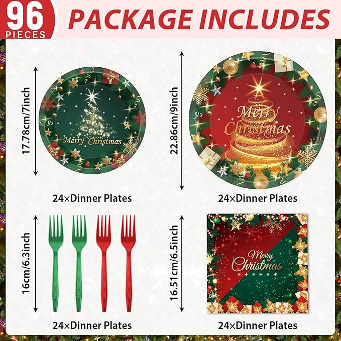96PCS Christmas Party Supplies Paper Plates & Napkins in Red & Green