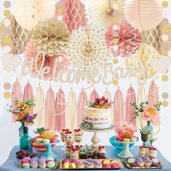 Dusty Pink Boho Baby Shower Party Decorations Beige Champagne Girl