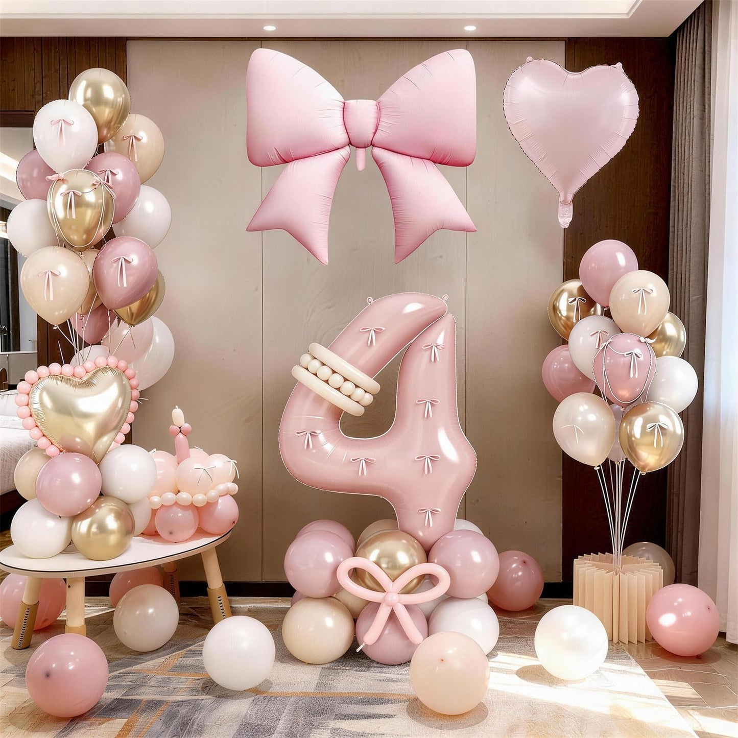 Pink 4 Balloon Number 40 Inch, Dusty Blush Pink Gold Sand White Latex