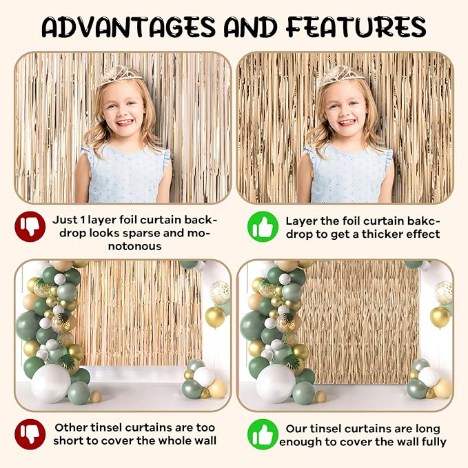 Voircoloria 2 Pack Champagne Foil Fringe Backdrop Curtains, Tinsel