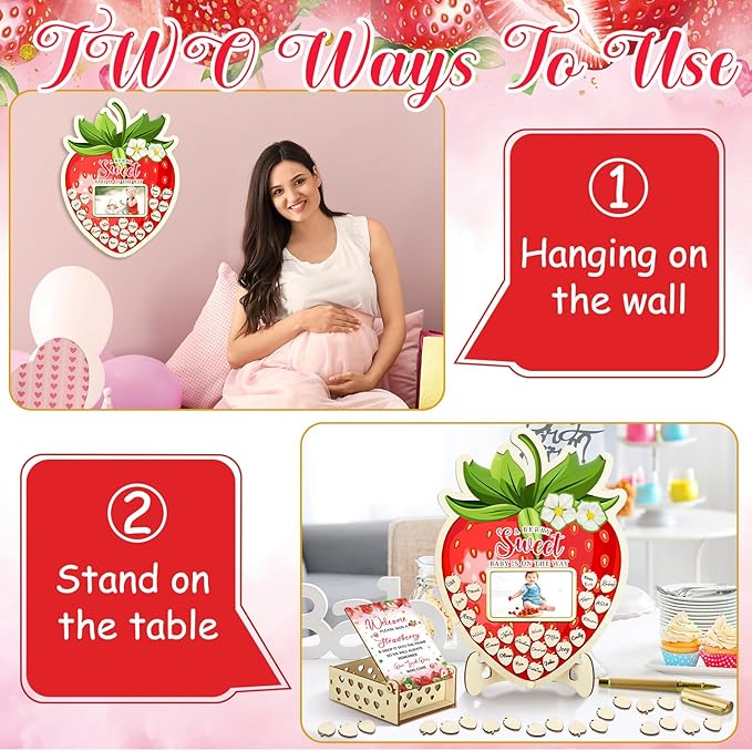 63 Pcs Strawberry Baby Shower Guest Book Alternatives Set Baby