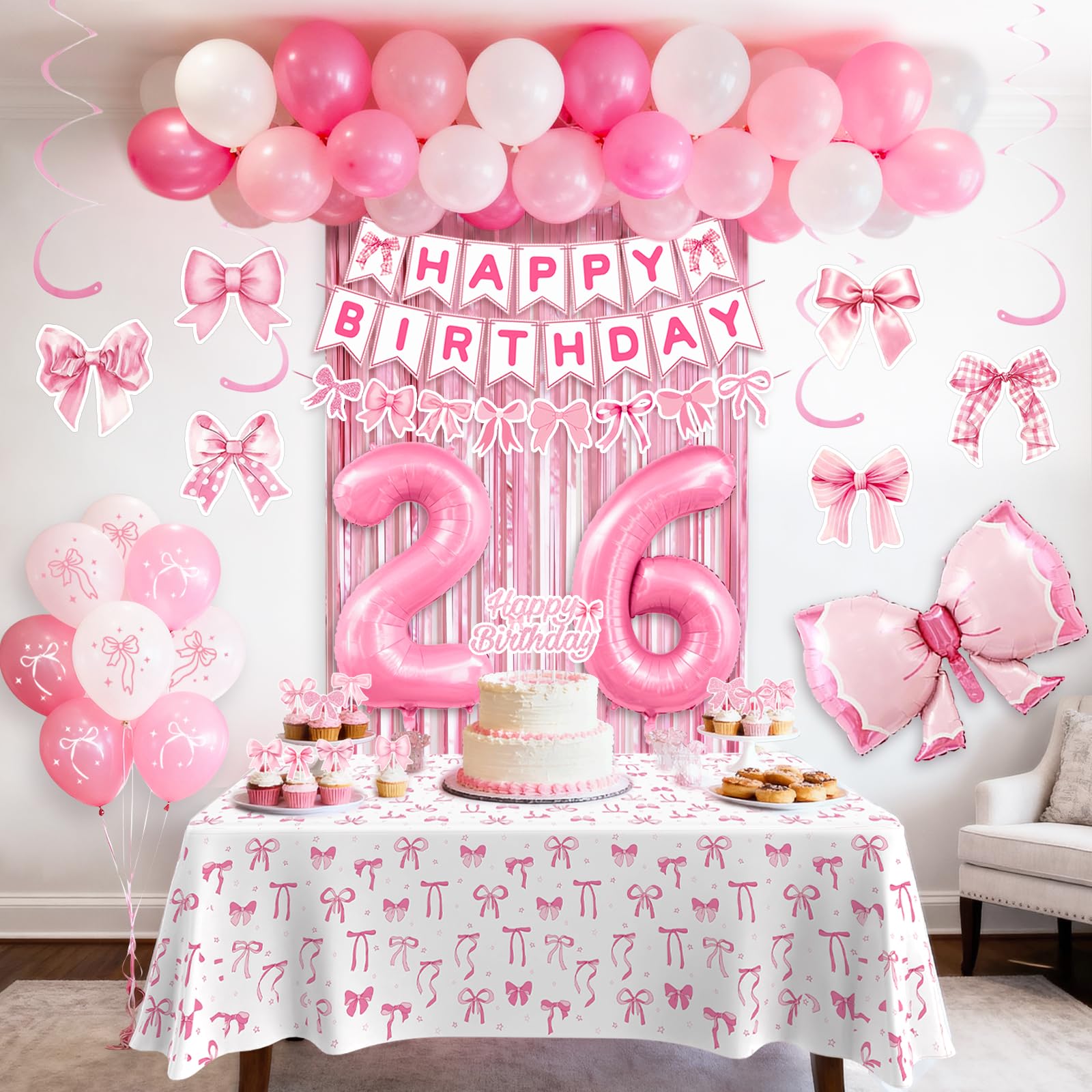 26th Pink Birthday Decorations for Women, Pink Bow Coquette Birthday