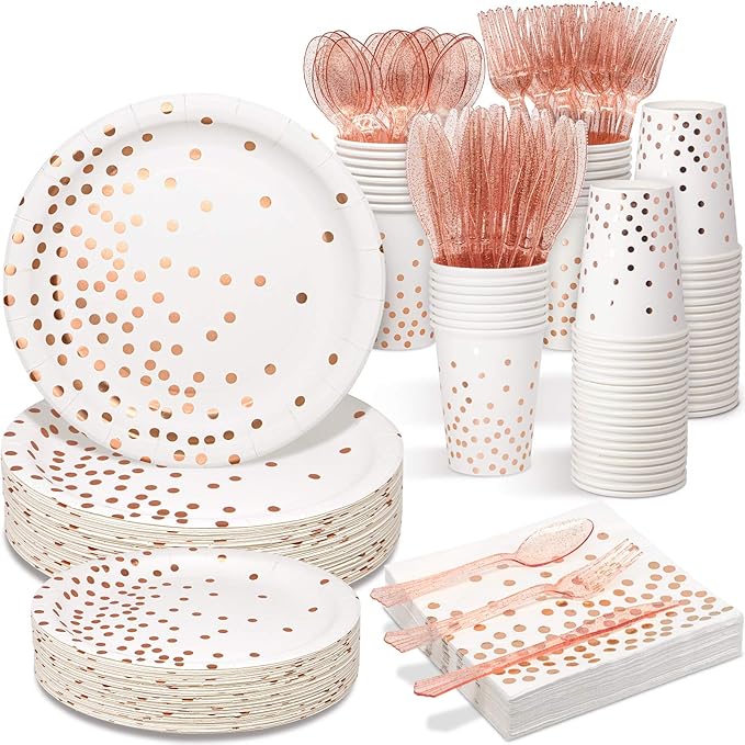 White & Rose Gold Party Supplies - 350 PCS Disposable Dinnerware Set