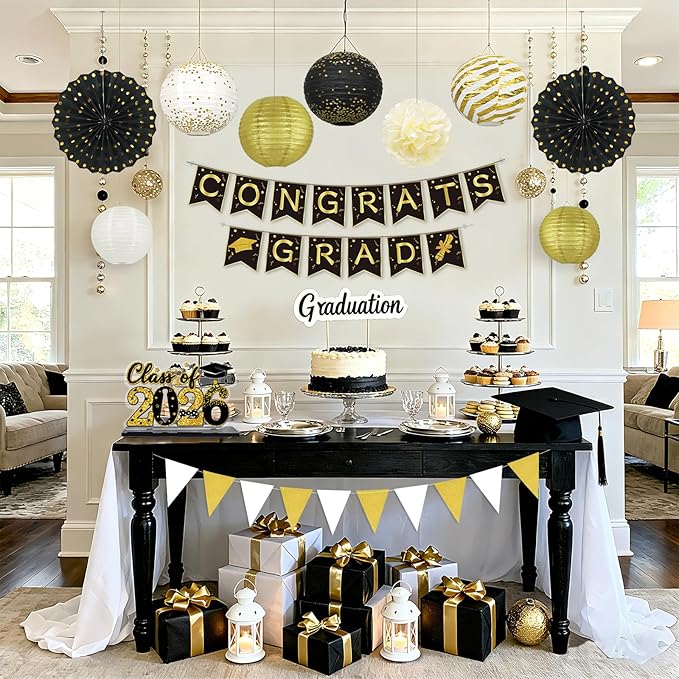 14Pcs Black and Gold Party Decorations Hanging Paper Lanterns Fans