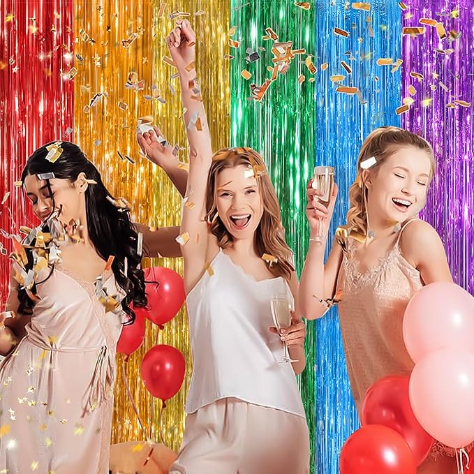 Rainbow Metallic Tinsel Foil Fringe Curtains, 2 Pack 3.3x8.3 Feet