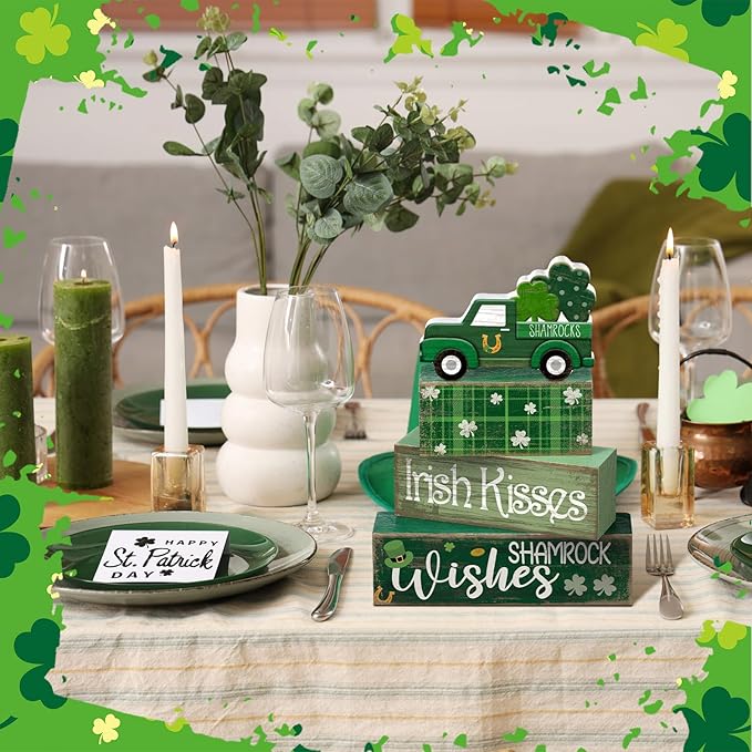 4 Pcs St Patrick's Day Table Decoration Wooden Shamrocks Truck St