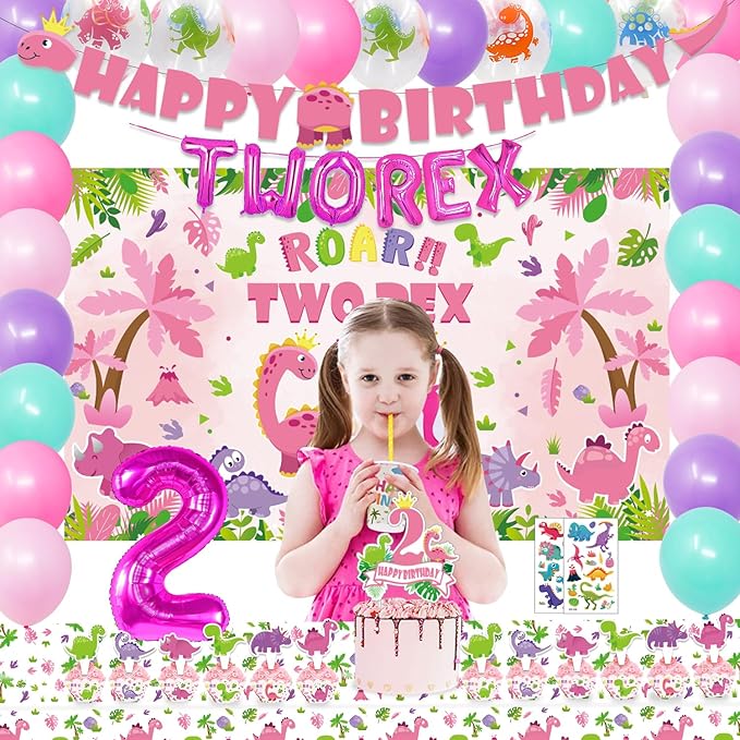 Dinosaur Birthday Party Supplies for 2 Year Old Girl Two Rex Pink