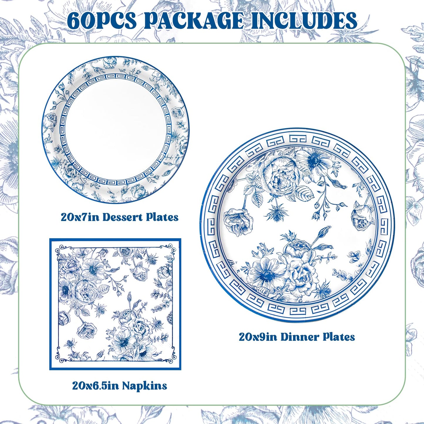 60Pcs Blue White Floral Party Supplies,Blue and White Floral Paper