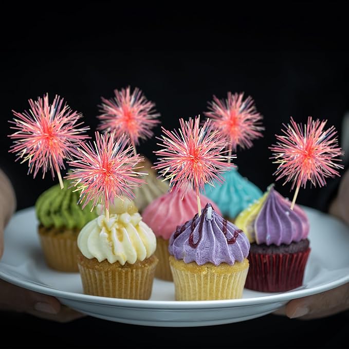 Gyufise 30Pcs Foil Firework Cupcake Toppers Sparkle Tinsel Cake #31