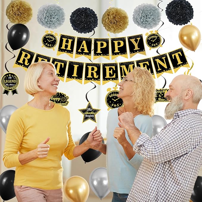 Black Gold Retirement Party Decorations Happy Retirement Banner
