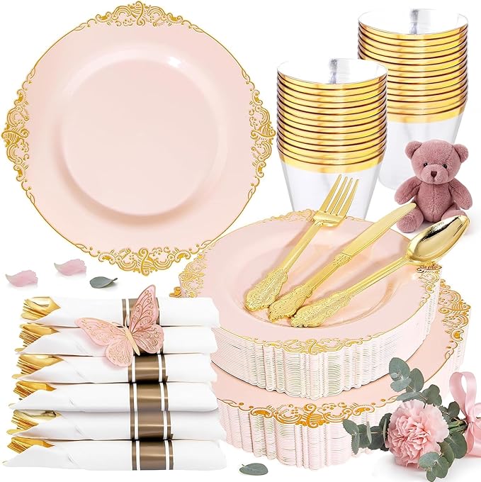 Nervure 175PCS Pink Plastic Plates - Disposable Pink Gold Party