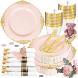 Nervure 175PCS Pink Plastic Plates - Disposable Pink Gold Party