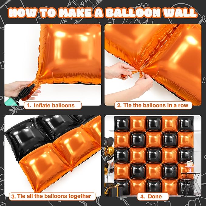 25PCS Halloween Black Orange Square Foil Balloons Wall Backdrop