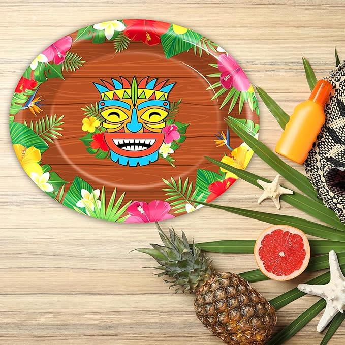 50Pcs Hawaiian Luau Oval Paper Plates 11 Inch Tiki Party Decorations