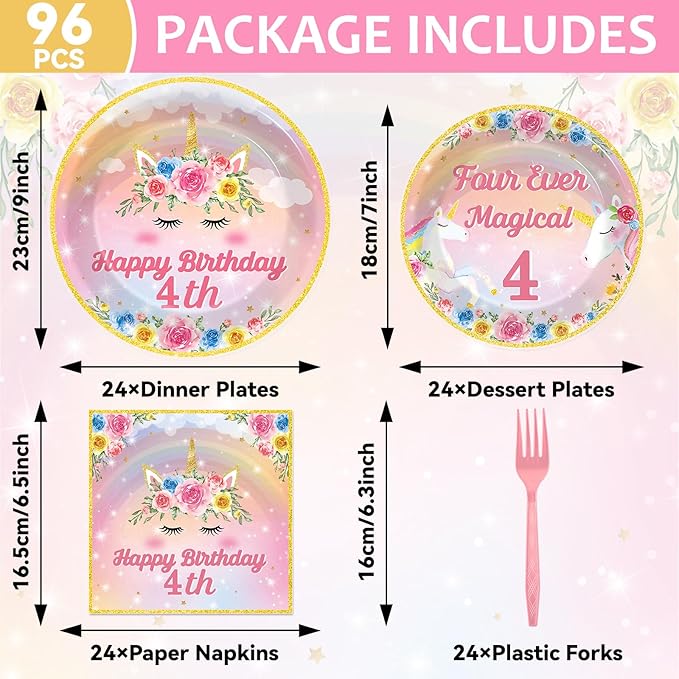 96PCS Four Ever Magical Party Paper Plates and Napkins Unicorn 4th