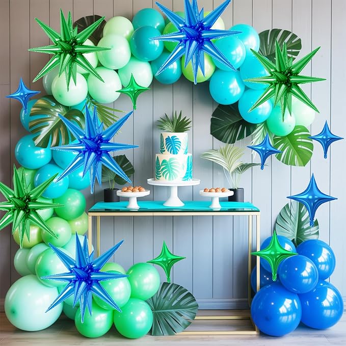 18 Pcs Green Blue Star Balloons, Blue and Green Balloon with 6 Pcs