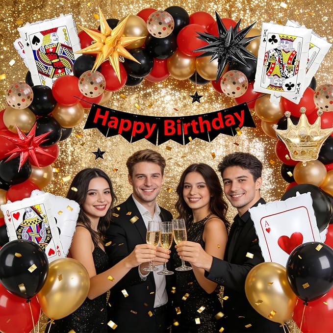 123Pcs Casino Balloon Arch Kit Red Black Gold Balloons with Large