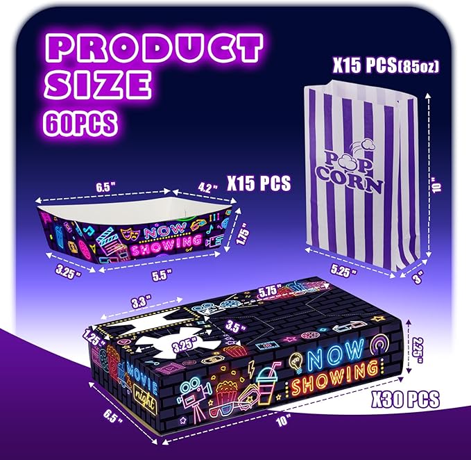60Pcs Movie Night Supplies 30Pcs Neon Movie Night Snack Trays with