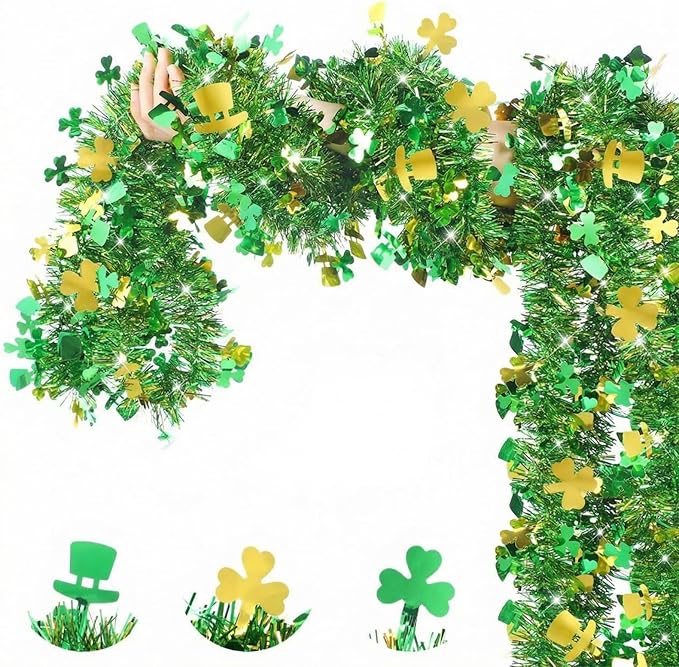 52 Feet St Patrick's Day Tinsel Garland Shamrock Glitter Metallic