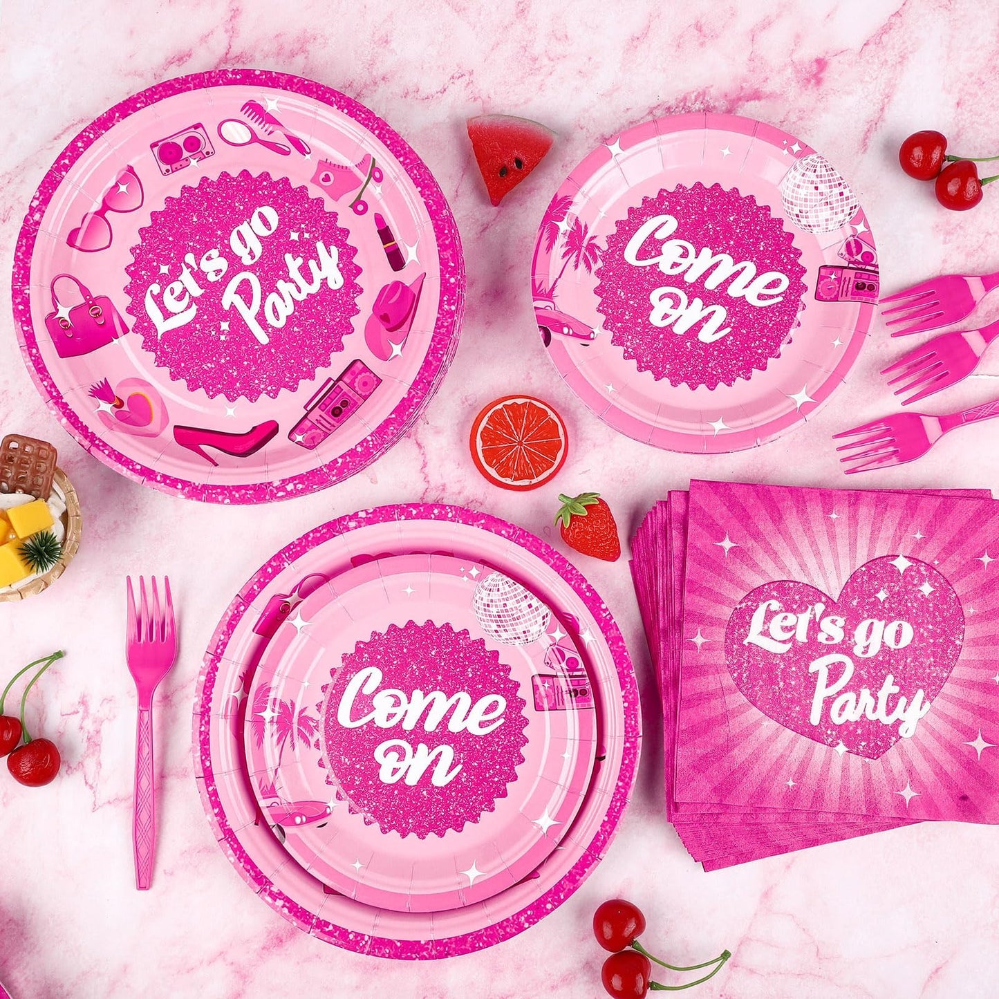 durony 96 Pieces Let's Go Party Supplies Serve 24 Guests Hot Pink