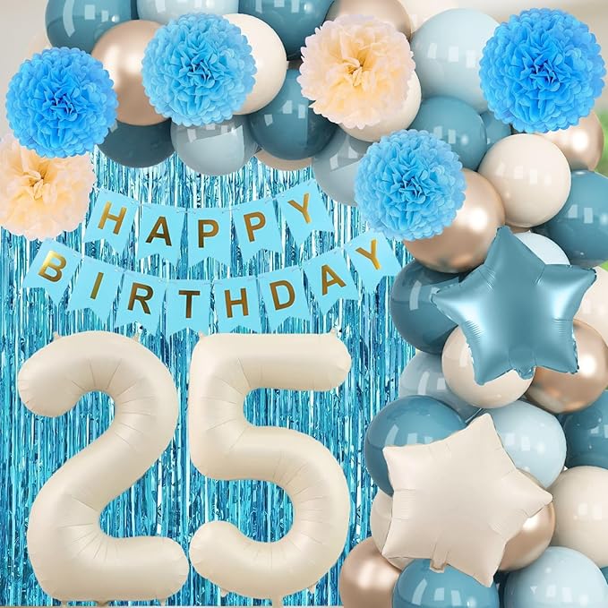 Dusty Blue 25th Birthday Party Decorations for Her Him Beige Cream