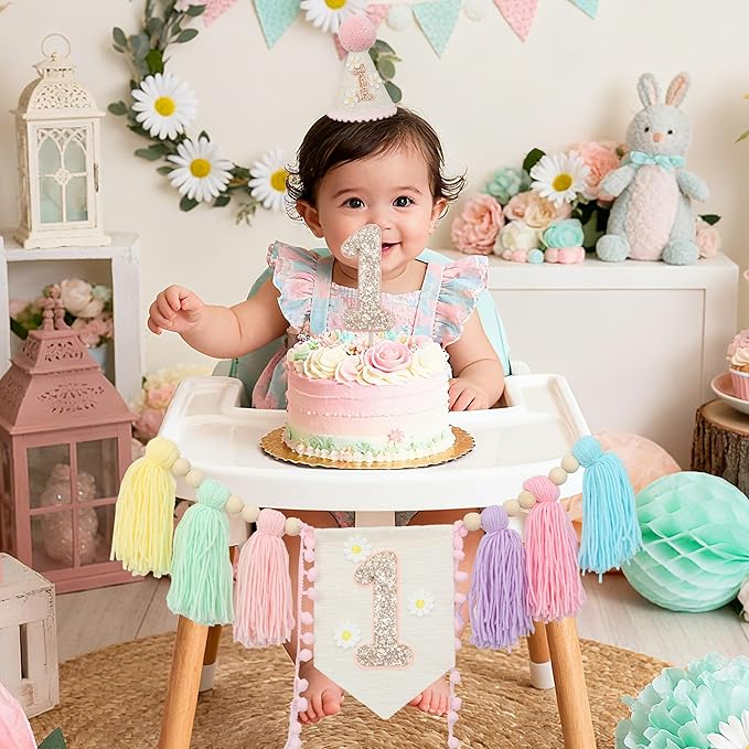 Baby First Birthday Party Decorations Macaron High Chair Banner