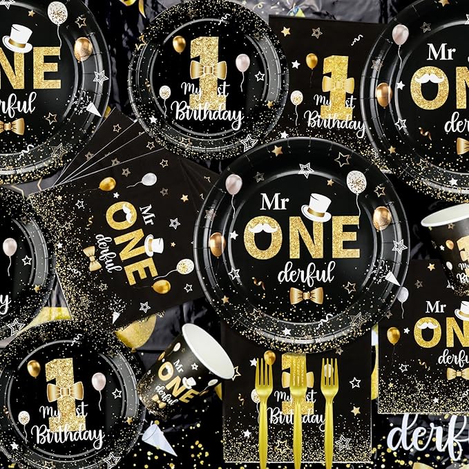 Mr Onederful Birthday Decorations Black Gold Party Plates Napkins