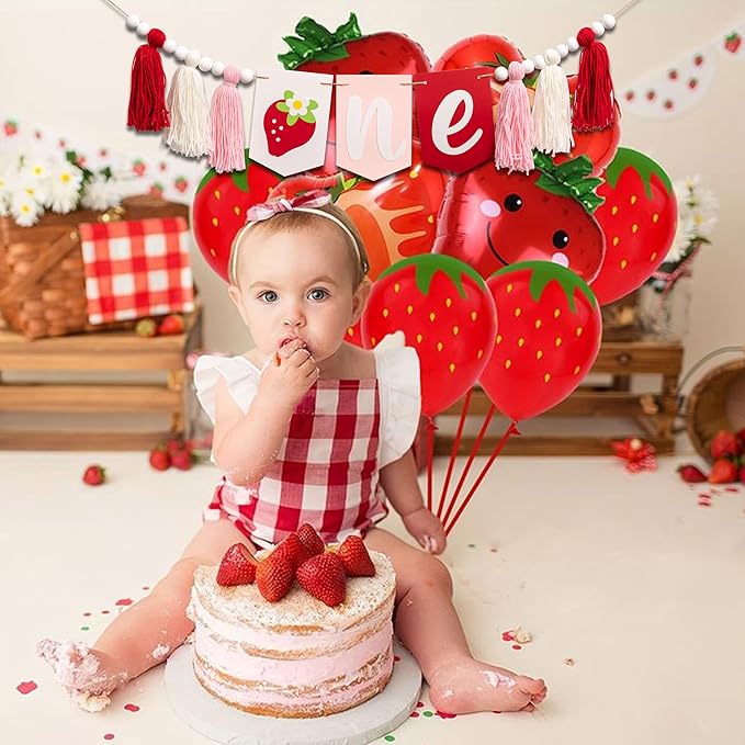 Berry First Birthday High Chair Banner Strawberry Tassel Garland