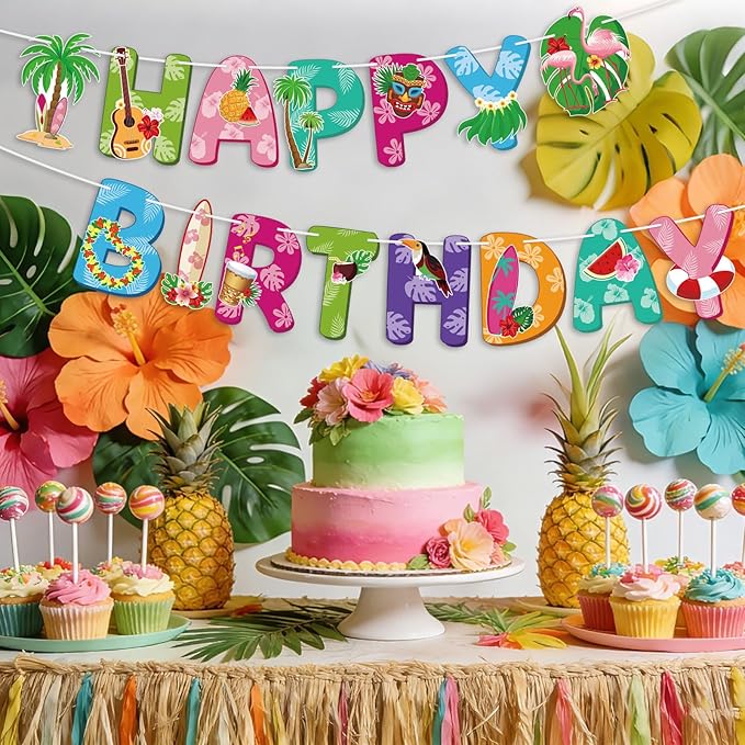 Hawaiian Party Happy Birthday Banner Tropical Luau Birthday Banner
