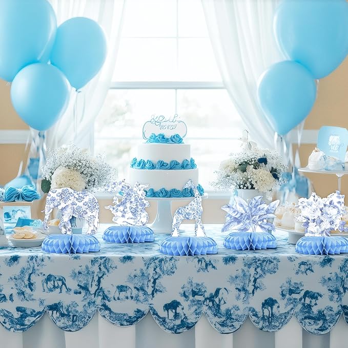 Blue Toile de Jouy Safari Baby Shower Centerpieces – 12 PCS Blue &