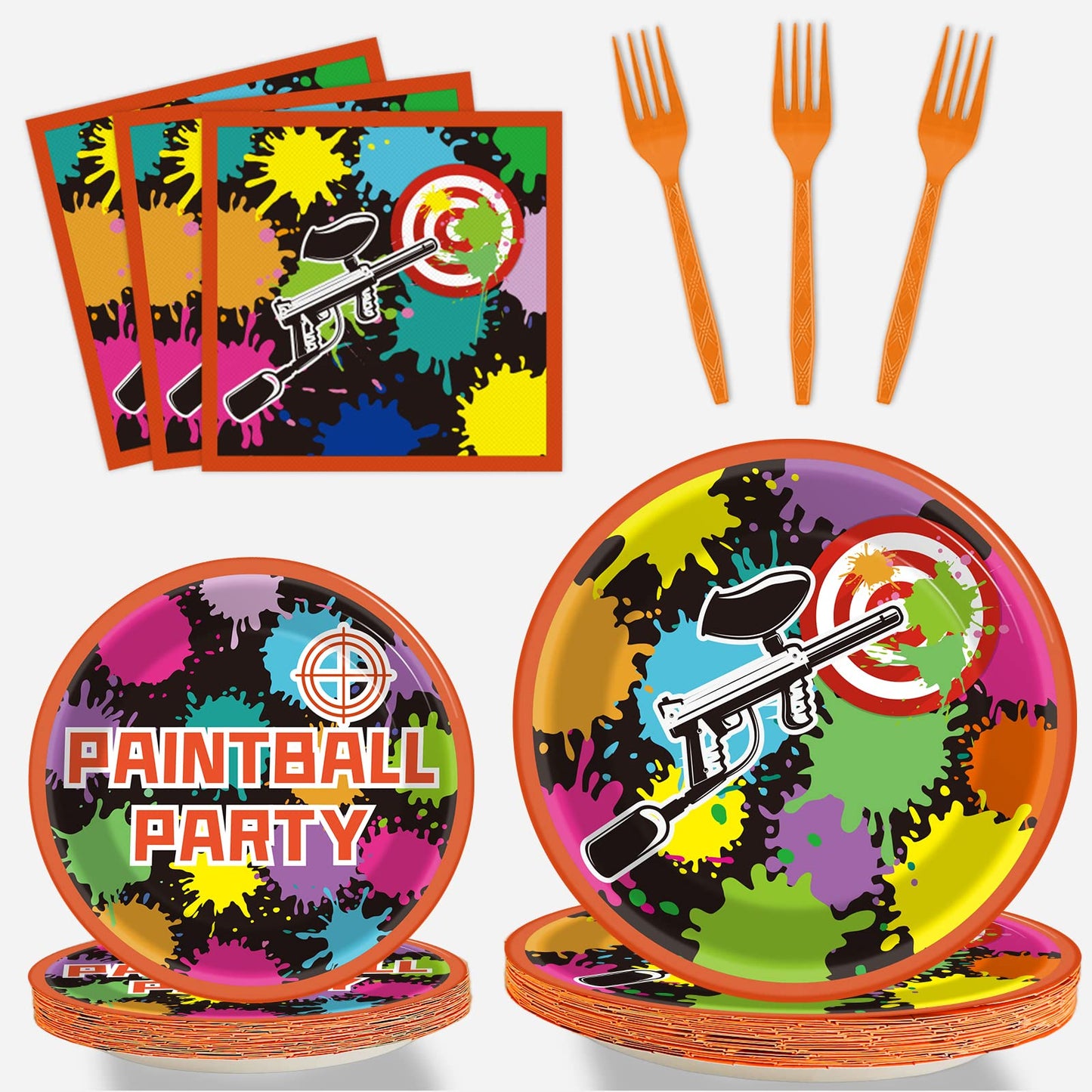 96 Pcs Paintball Birthday Party Supplies Neon Glow Tableware set Paper