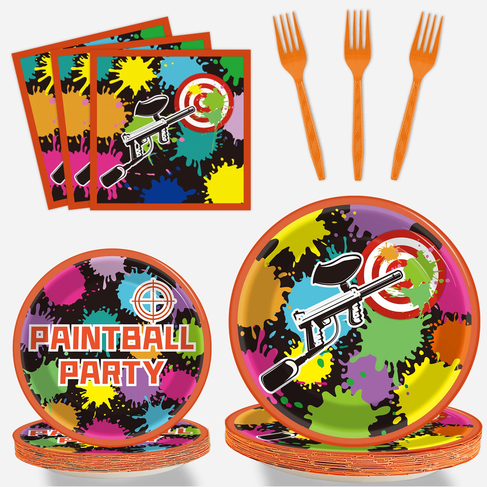 96 Pcs Paintball Birthday Party Supplies Neon Glow Tableware set Paper