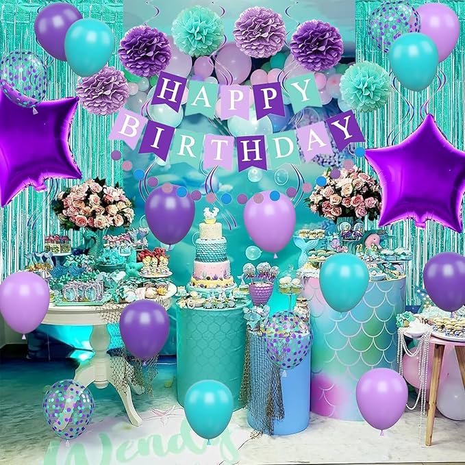 Mermaid Birthday Decorations Purple Teal Blue Party Balloons Happy