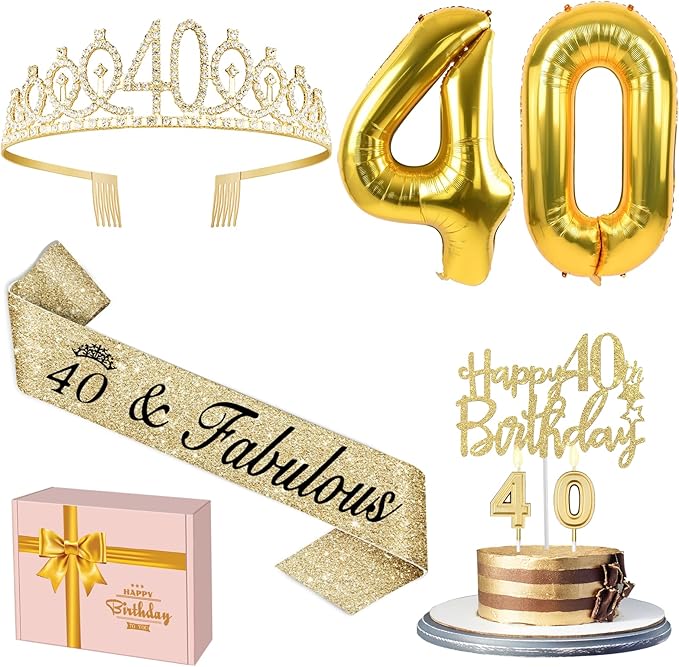 40th Birthday Decorations Women Gold with Sash and Tiara Cake Topper