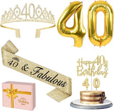 40th Birthday Decorations Women Gold with Sash and Tiara Cake Topper