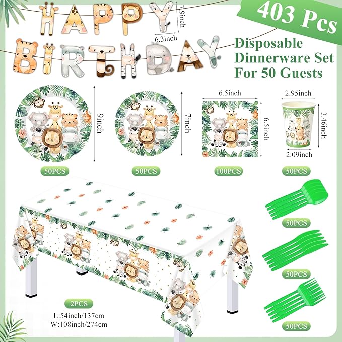 403 Pcs Safari Birthday Decorations for 50 Jungle Animal Birthday