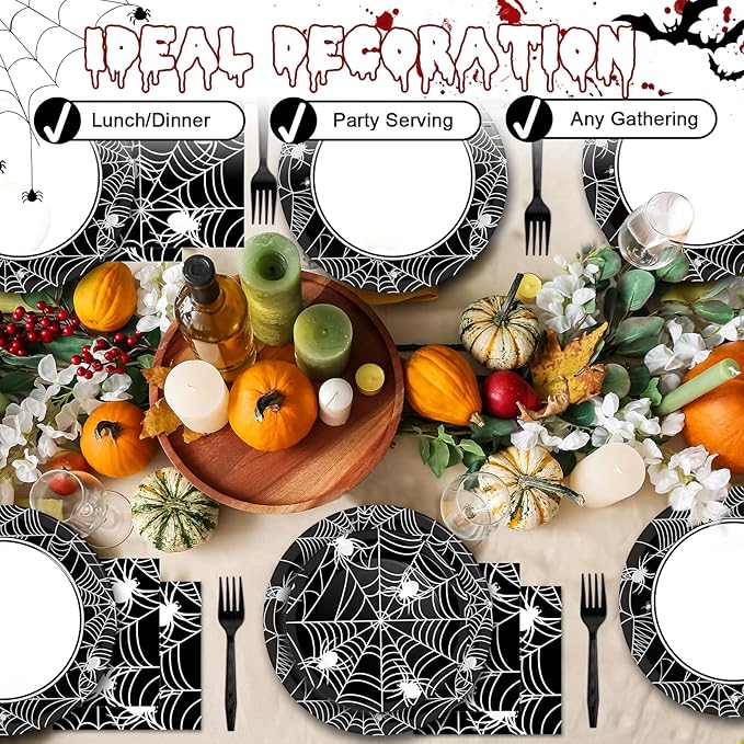 50 Guests Halloween Spider Web Plates and Napkins Party Supplies