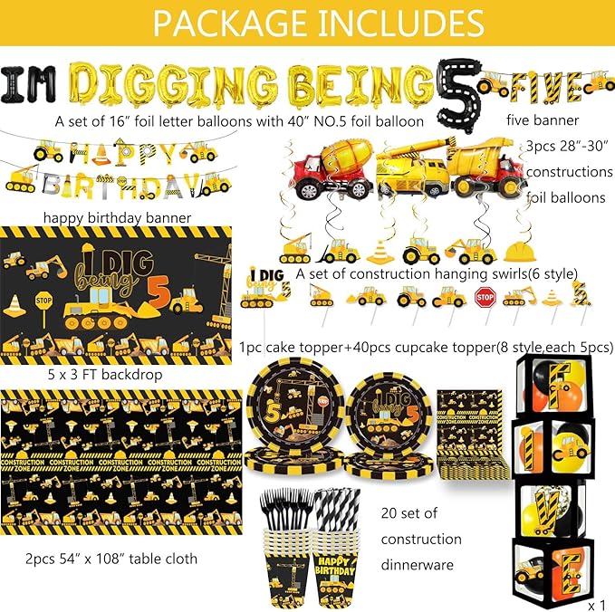 348 Pcs Construction 5th Birthday Decorations Dump Truck Five Years